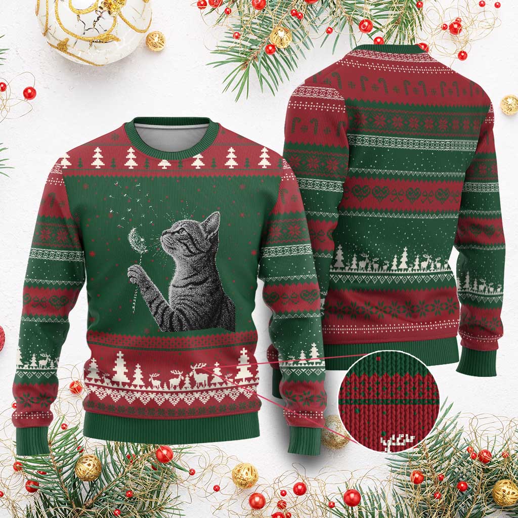 Cat Blowing Dandelion Ugly Christmas Sweater Kitten Making A Wish Nature Art TS11 Red Green Print Your Wear