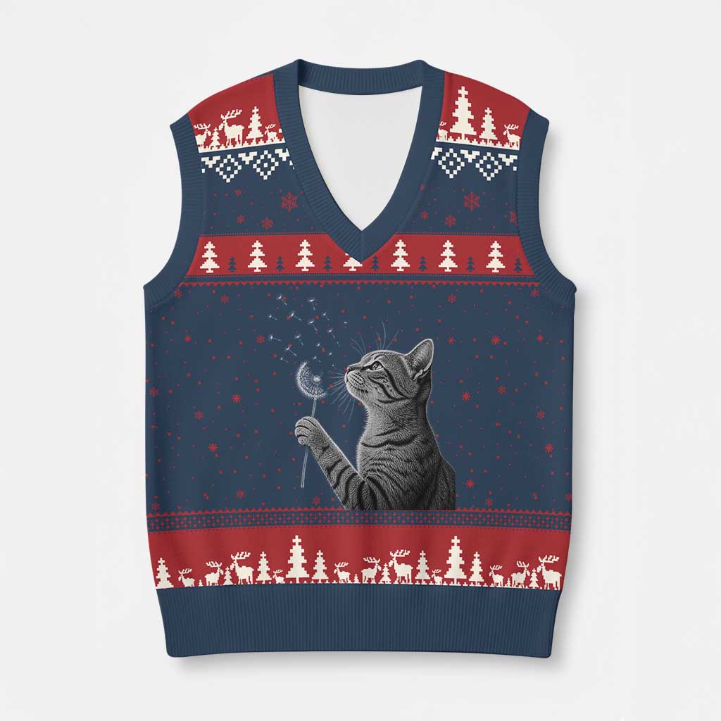 Cat Blowing Dandelion V-Neck Knit Sweater Vest Kitten Making A Wish Nature Art TS11 Navy Red Print Your Wear