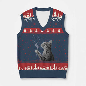 Cat Blowing Dandelion V-Neck Knit Sweater Vest Kitten Making A Wish Nature Art TS11 Navy Red Print Your Wear