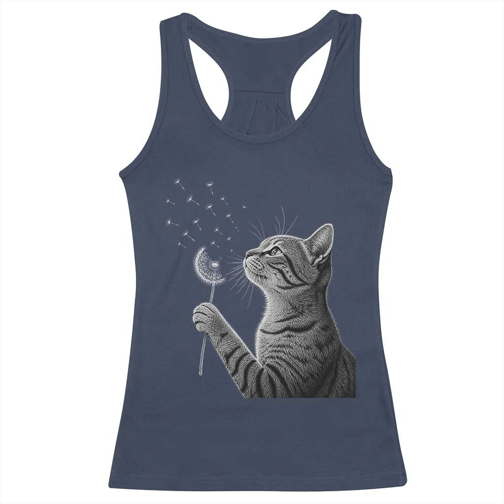 Cat Blowing Dandelion Racerback Tank Top Kitten Making A Wish Nature Art TS11 Navy Print Your Wear
