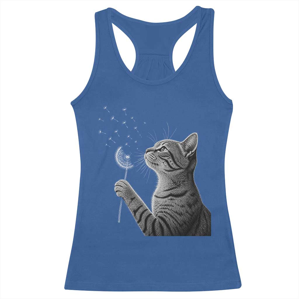 Cat Blowing Dandelion Racerback Tank Top Kitten Making A Wish Nature Art TS11 Royal Blue Print Your Wear