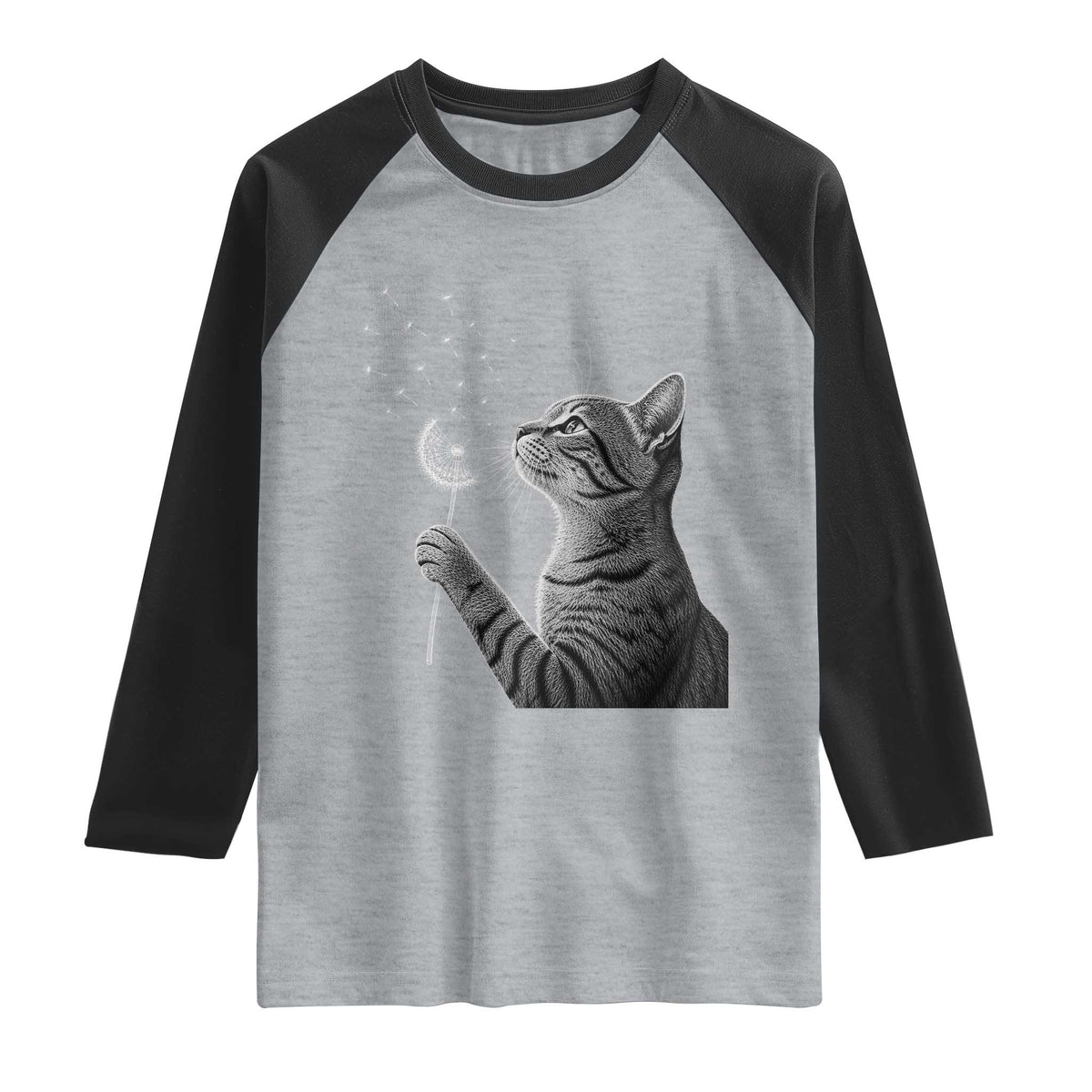 Cat Blowing Dandelion Raglan Shirt Kitten Making A Wish Nature Art TS11 Heather Gray Black Print Your Wear