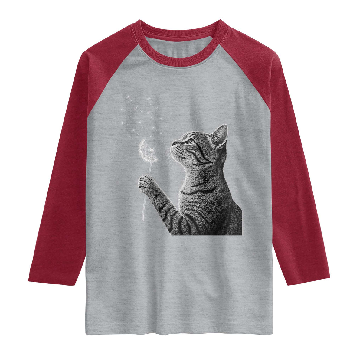 Cat Blowing Dandelion Raglan Shirt Kitten Making A Wish Nature Art TS11 Heather Gray Heather Red Print Your Wear