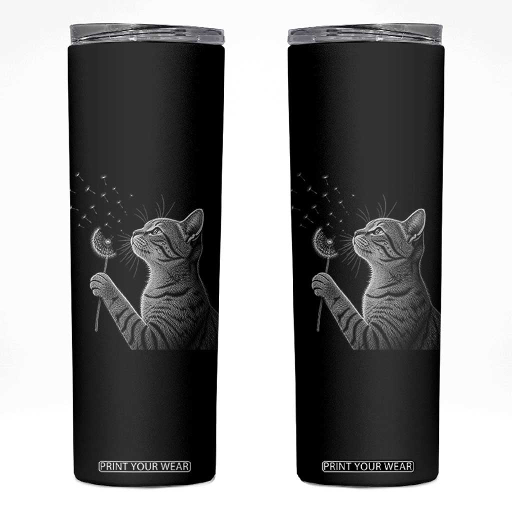 Cat Blowing Dandelion Skinny Tumbler Kitten Making A Wish Nature Art TS11 Black Print Your Wear