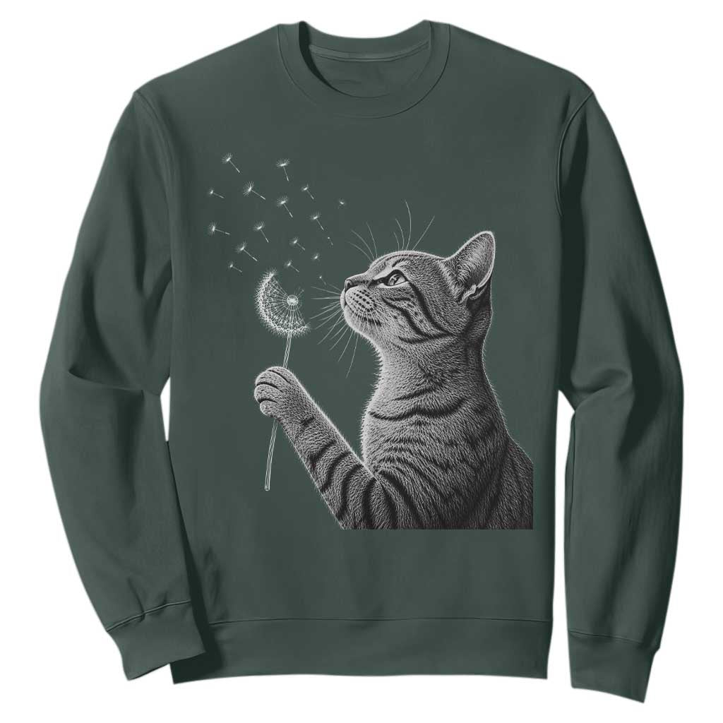Cat Blowing Dandelion Sweatshirt Kitten Making A Wish Nature Art TS11 Dark Forest Green Print Your Wear