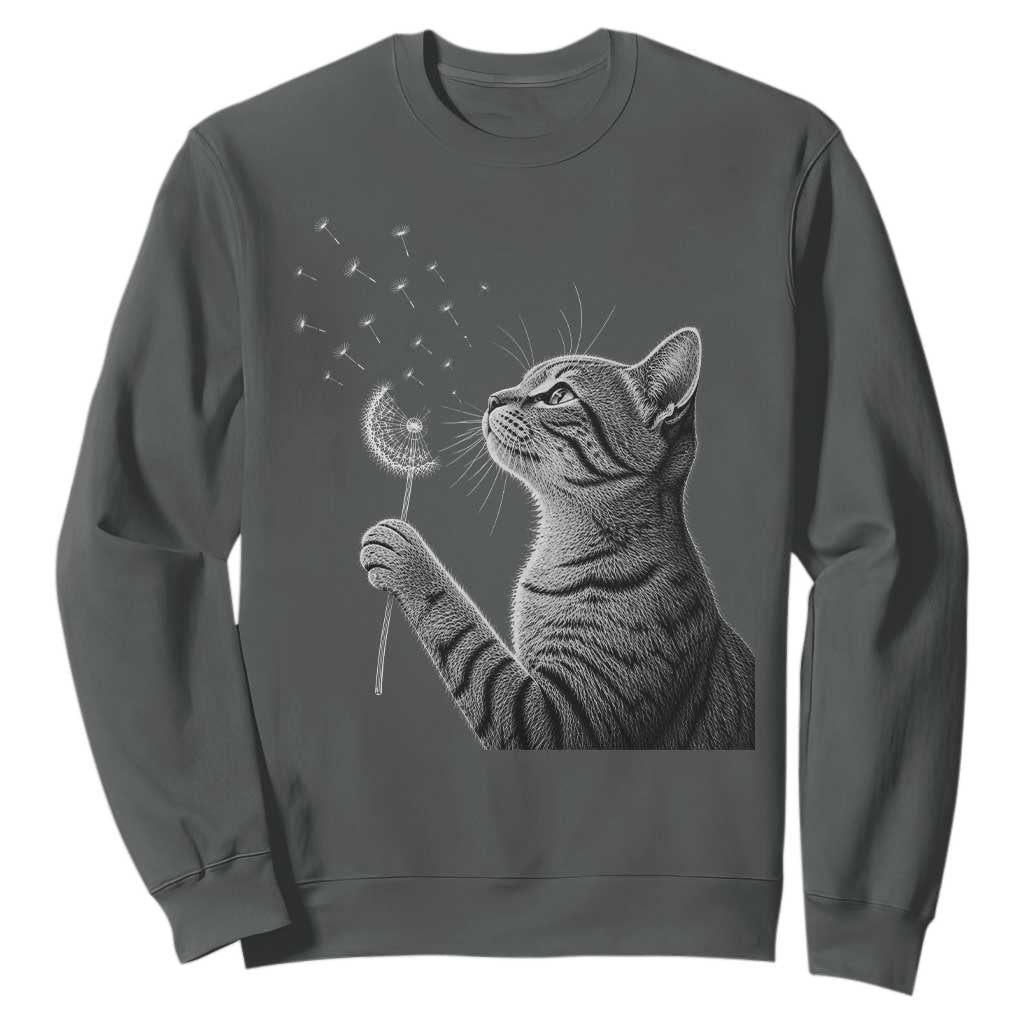 Cat Blowing Dandelion Sweatshirt Kitten Making A Wish Nature Art TS11 Dark Heather Print Your Wear