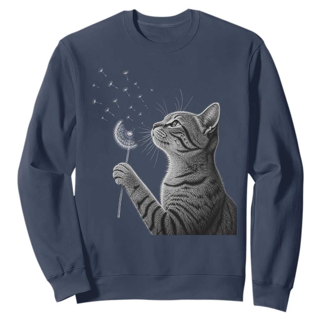 Cat Blowing Dandelion Sweatshirt Kitten Making A Wish Nature Art TS11 Navy Print Your Wear