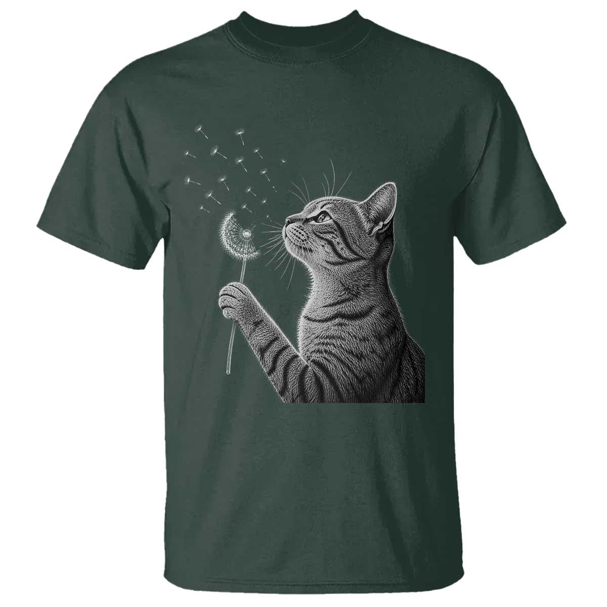 Cat Blowing Dandelion T Shirt Kitten Making A Wish Nature Art TS11 Dark Forest Green Print Your Wear