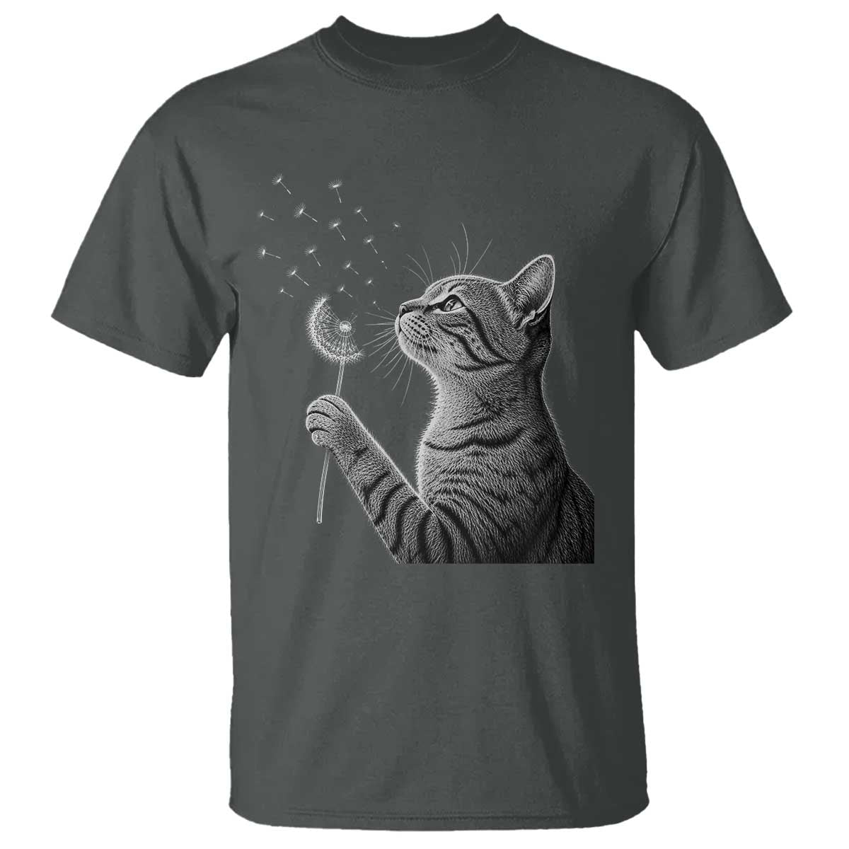 Cat Blowing Dandelion T Shirt Kitten Making A Wish Nature Art TS11 Dark Heather Print Your Wear
