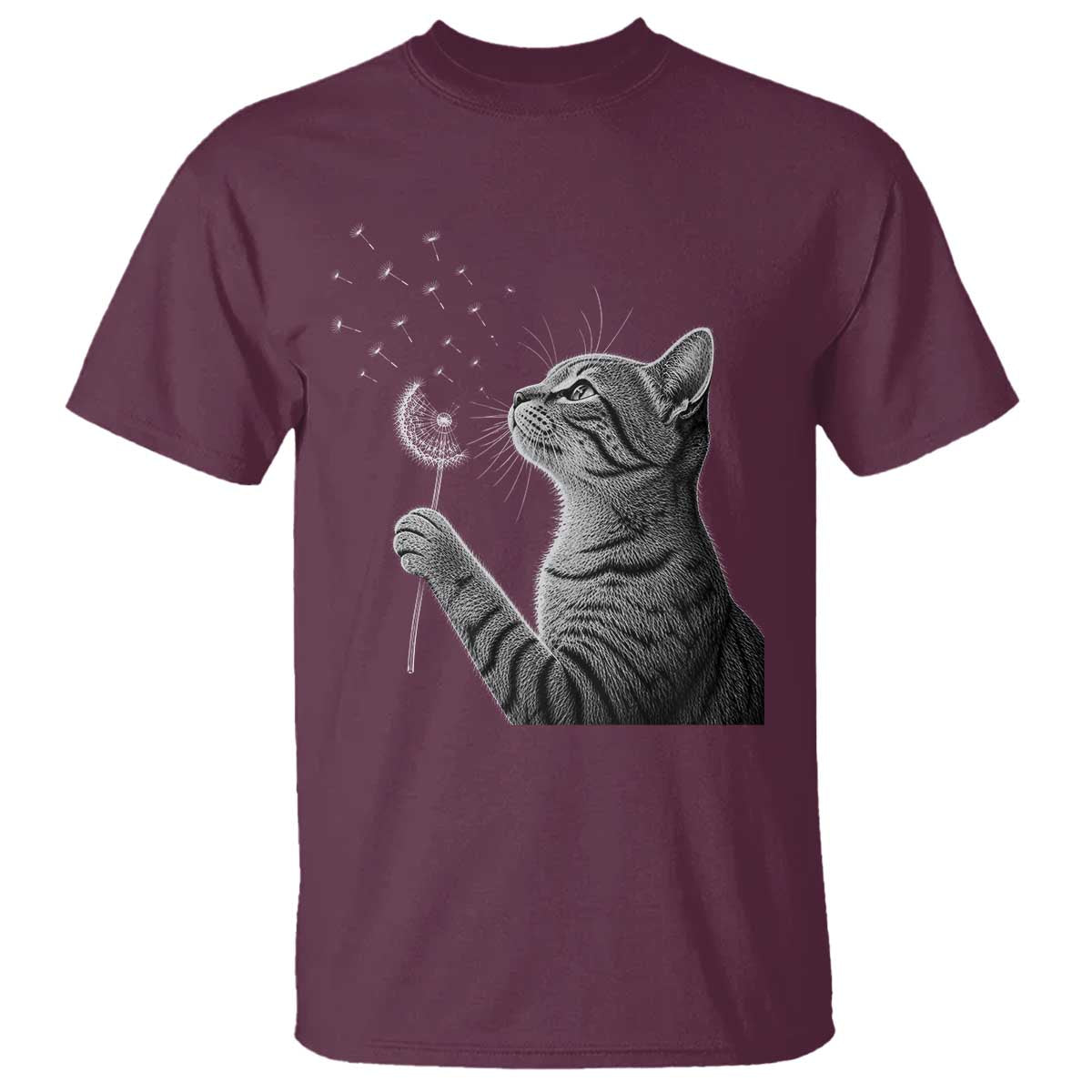 Cat Blowing Dandelion T Shirt Kitten Making A Wish Nature Art TS11 Maroon Print Your Wear