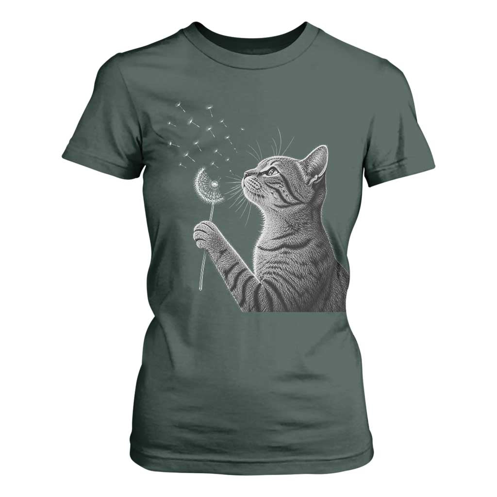 Cat Blowing Dandelion T Shirt For Women Kitten Making A Wish Nature Art TS11 Dark Forest Green Print Your Wear