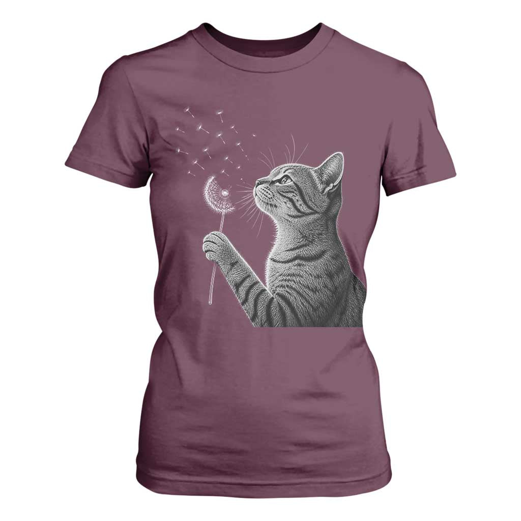 Cat Blowing Dandelion T Shirt For Women Kitten Making A Wish Nature Art TS11 Maroon Print Your Wear