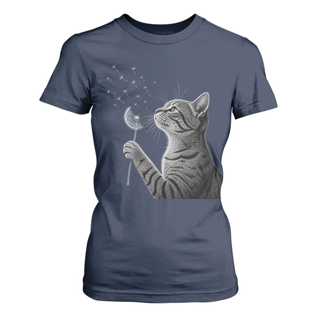Cat Blowing Dandelion T Shirt For Women Kitten Making A Wish Nature Art TS11 Navy Print Your Wear
