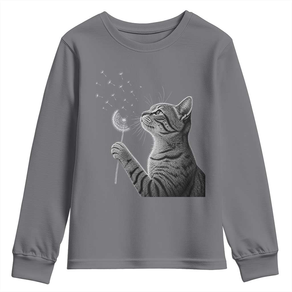 Cat Blowing Dandelion Youth Sweatshirt Kitten Making A Wish Nature Art TS11 Charcoal Print Your Wear