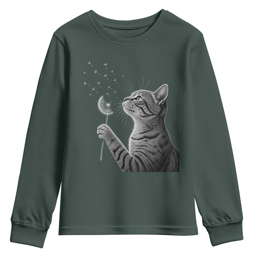 Cat Blowing Dandelion Youth Sweatshirt Kitten Making A Wish Nature Art TS11 Dark Forest Green Print Your Wear