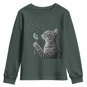 Cat Blowing Dandelion Youth Sweatshirt Kitten Making A Wish Nature Art TS11 Dark Forest Green Print Your Wear