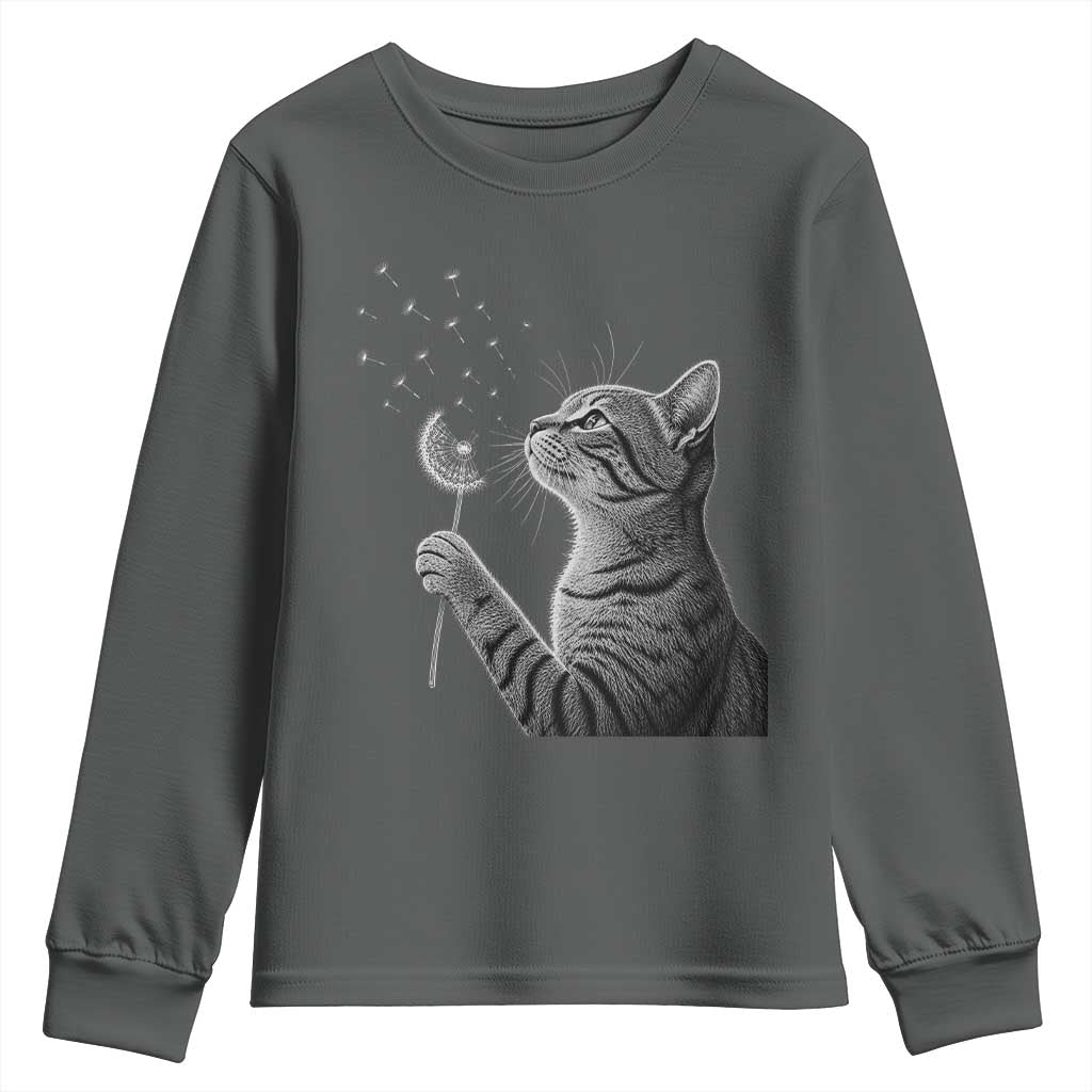 Cat Blowing Dandelion Youth Sweatshirt Kitten Making A Wish Nature Art TS11 Dark Heather Print Your Wear