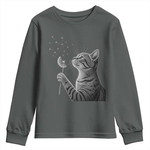 Cat Blowing Dandelion Youth Sweatshirt Kitten Making A Wish Nature Art TS11 Dark Heather Print Your Wear