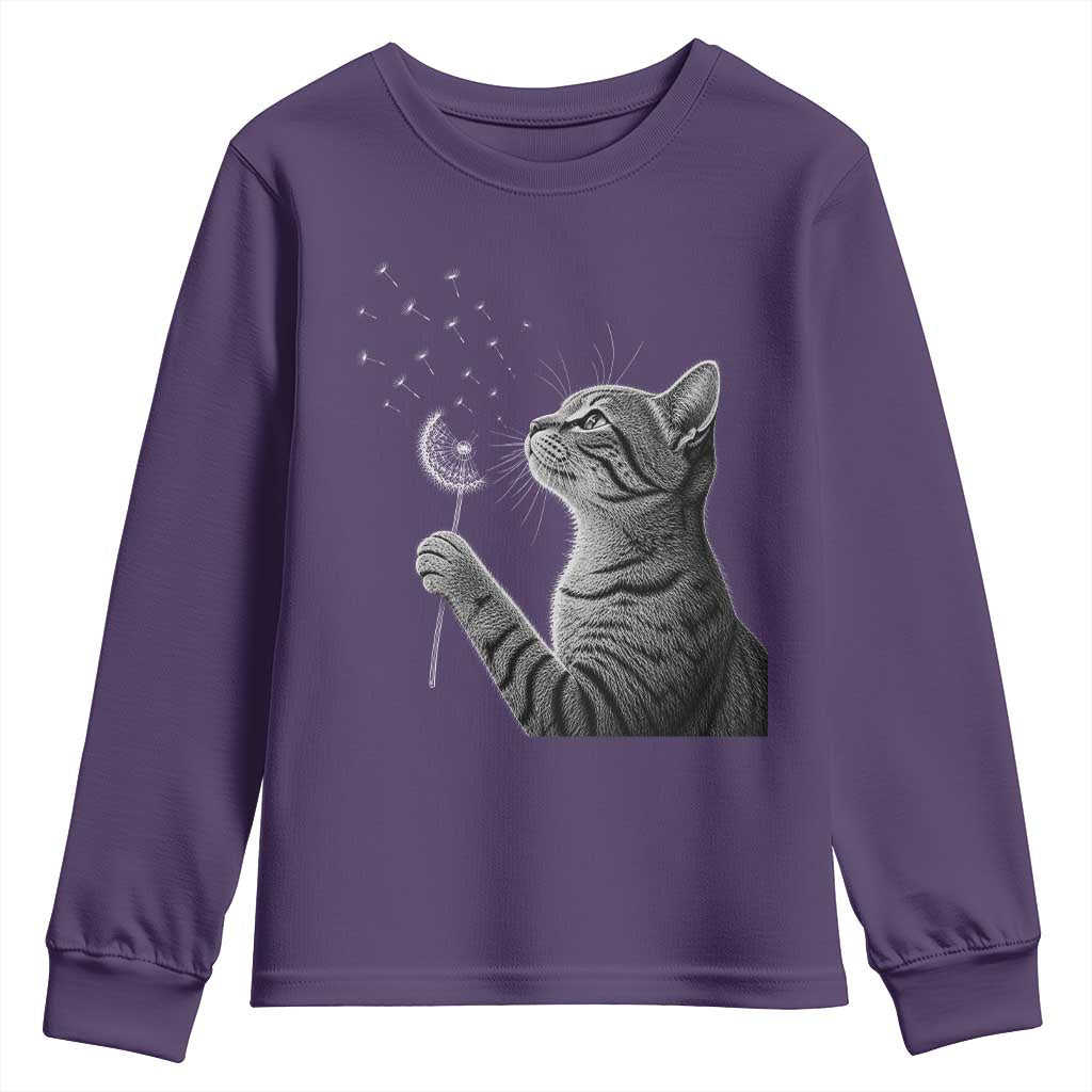 Cat Blowing Dandelion Youth Sweatshirt Kitten Making A Wish Nature Art TS11 Purple Print Your Wear