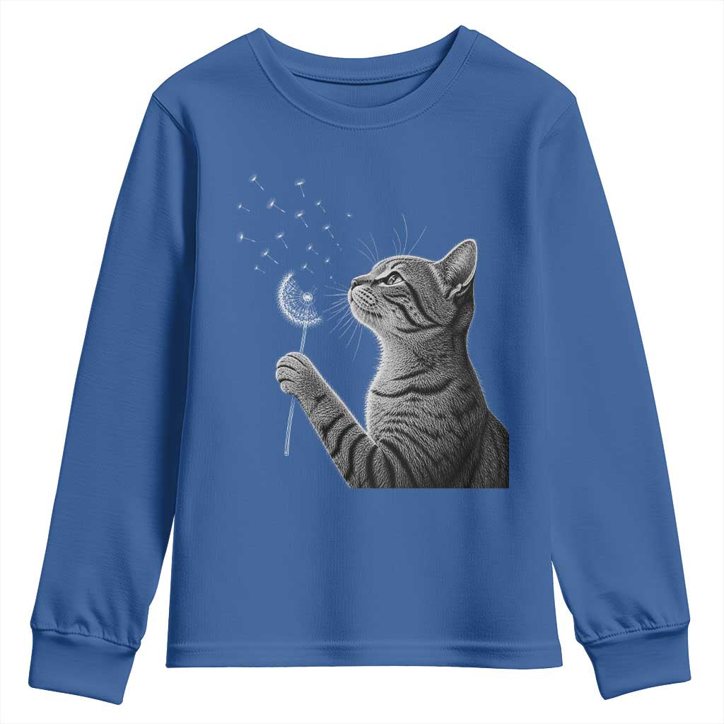Cat Blowing Dandelion Youth Sweatshirt Kitten Making A Wish Nature Art TS11 Royal Blue Print Your Wear
