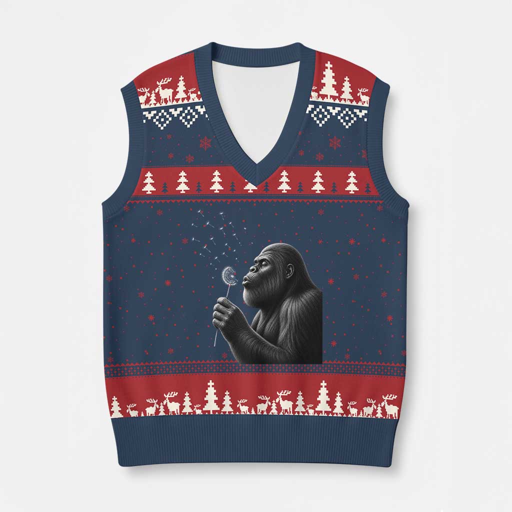 Bigfoot Blowing Dandelion V-Neck Knit Sweater Vest Funny Sasquatch Making A Wish TS11 Navy Red Print Your Wear