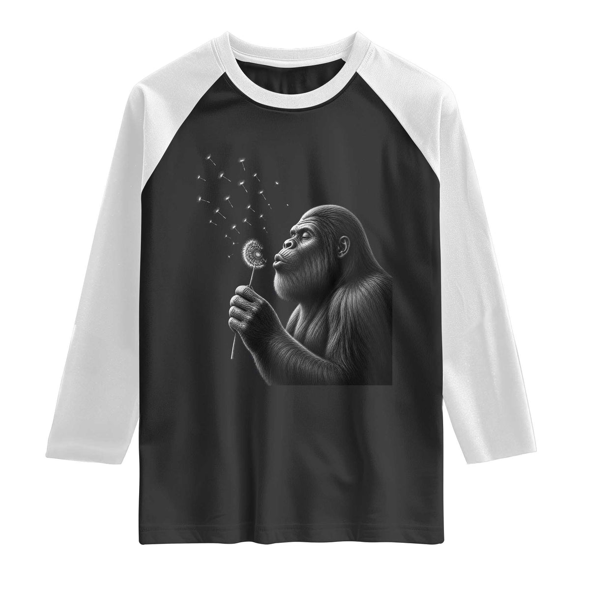 Bigfoot Blowing Dandelion Raglan Shirt Funny Sasquatch Making A Wish TS11 Black White Print Your Wear