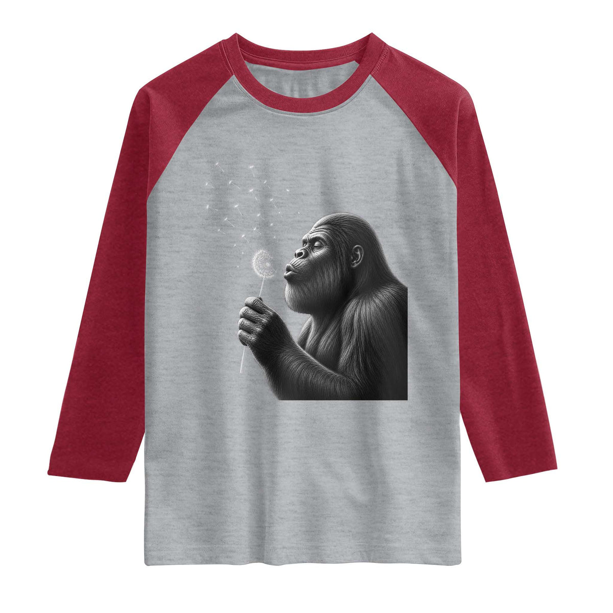 Bigfoot Blowing Dandelion Raglan Shirt Funny Sasquatch Making A Wish TS11 Heather Gray Heather Red Print Your Wear