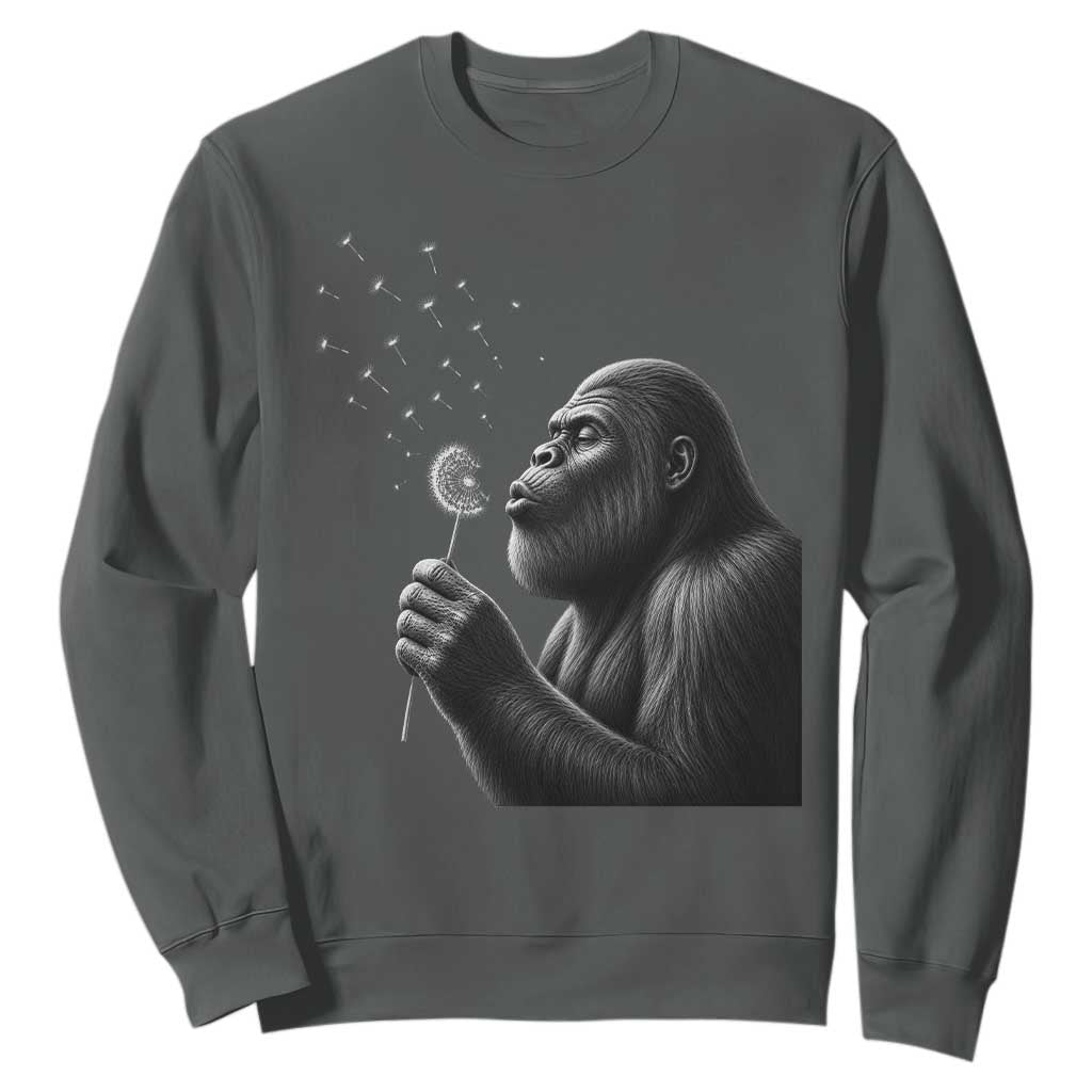 Bigfoot Blowing Dandelion Sweatshirt Funny Sasquatch Making A Wish TS11 Dark Heather Print Your Wear