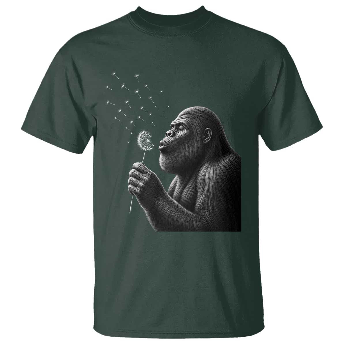 Bigfoot Blowing Dandelion T Shirt Funny Sasquatch Making A Wish TS11 Dark Forest Green Print Your Wear