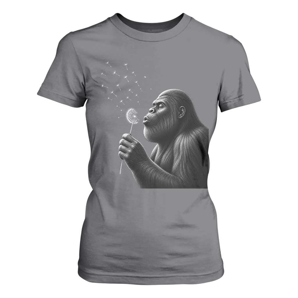 Bigfoot Blowing Dandelion T Shirt For Women Funny Sasquatch Making A Wish TS11 Charcoal Print Your Wear