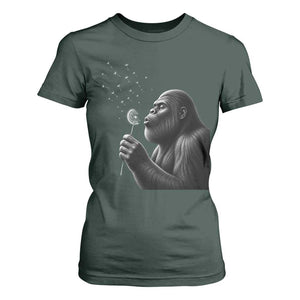 Bigfoot Blowing Dandelion T Shirt For Women Funny Sasquatch Making A Wish TS11 Dark Forest Green Print Your Wear