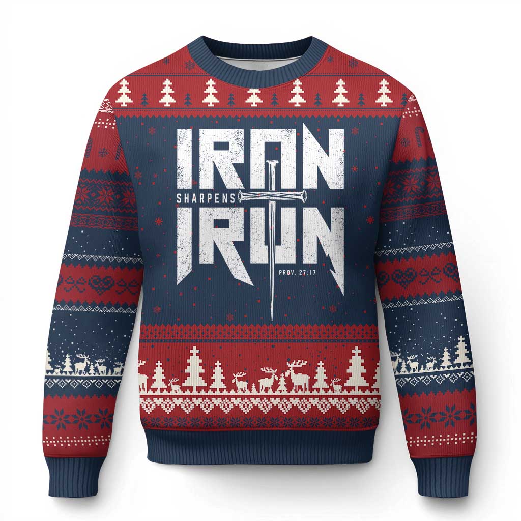 Iron Sharpens Iron Ugly Christmas Sweater Christian Bible Scripture Gym Workout TS11 Navy Red Print Your Wear