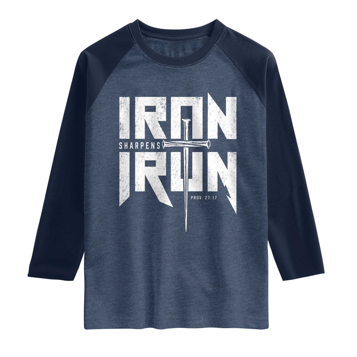 Iron Sharpens Iron Raglan Shirt Christian Bible Scripture Gym Workout TS11 Heather Denim Navy Print Your Wear
