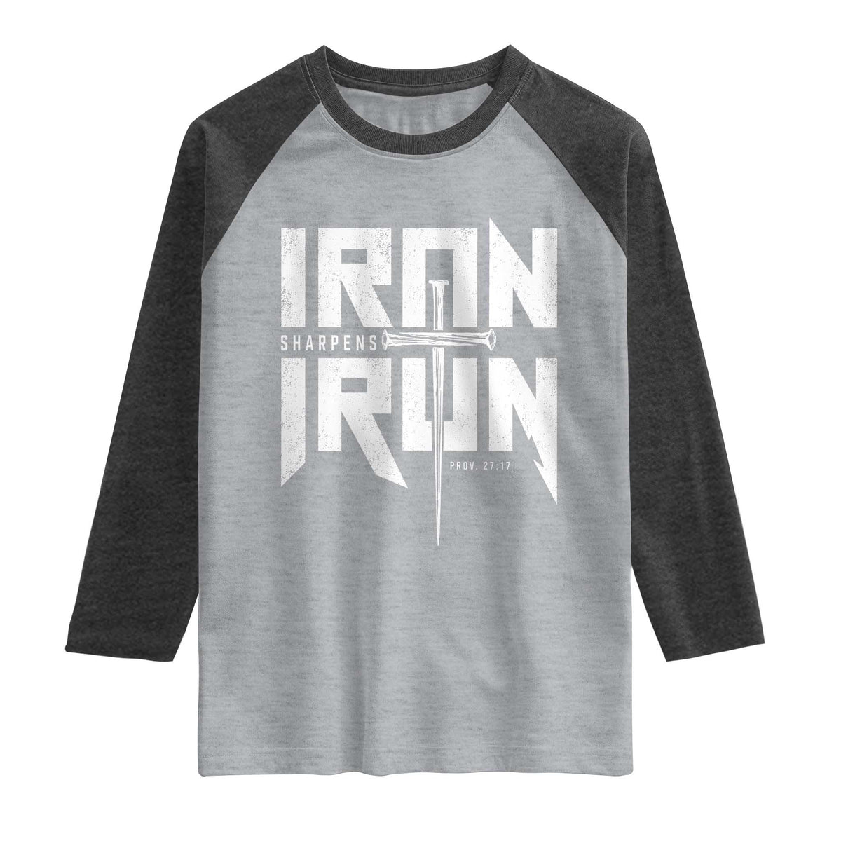 Iron Sharpens Iron Raglan Shirt Christian Bible Scripture Gym Workout TS11 Heather Gray Heather Charcoal Print Your Wear