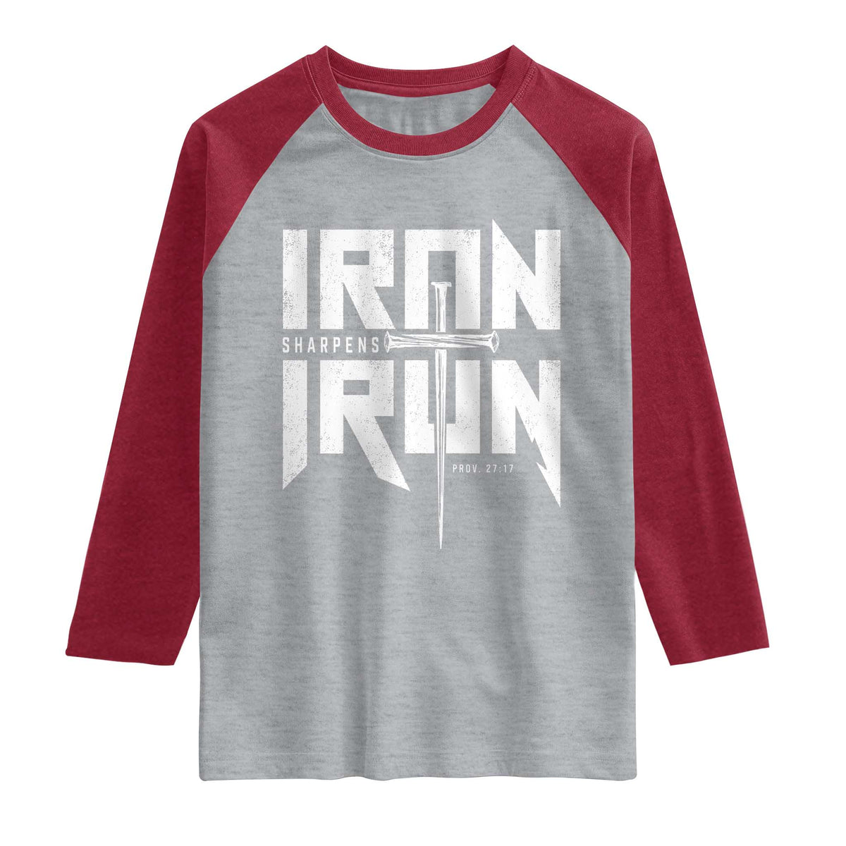 Iron Sharpens Iron Raglan Shirt Christian Bible Scripture Gym Workout TS11 Heather Gray Heather Red Print Your Wear