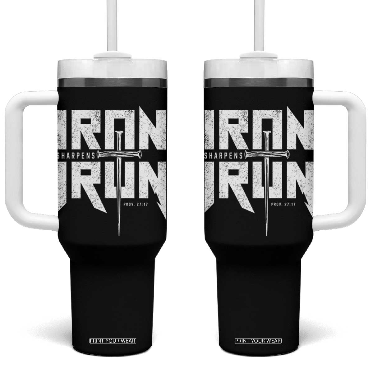 Iron Sharpens Iron Tumbler With Handle Christian Bible Scripture Gym Workout TS11 One Size: 40 oz Black Print Your Wear