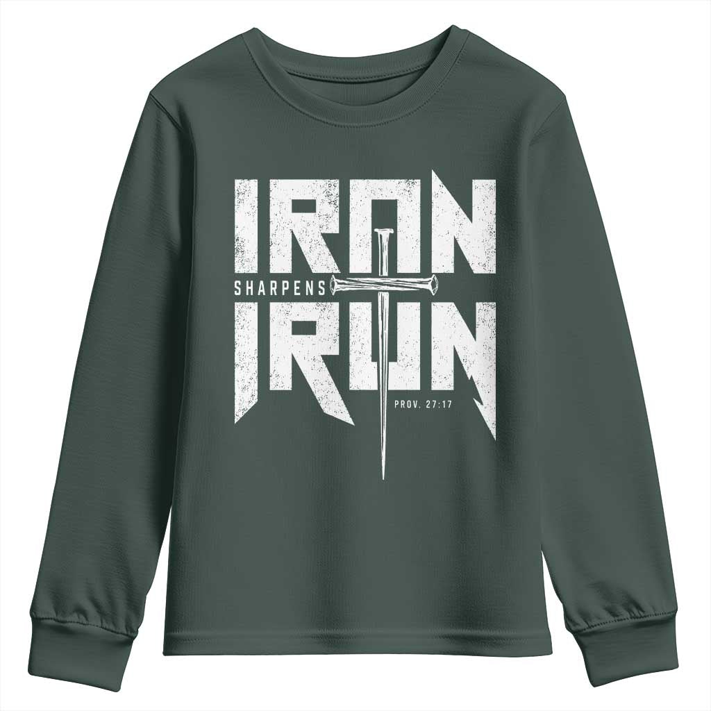 Iron Sharpens Iron Youth Sweatshirt Christian Bible Scripture Gym Workout TS11 Dark Forest Green Print Your Wear