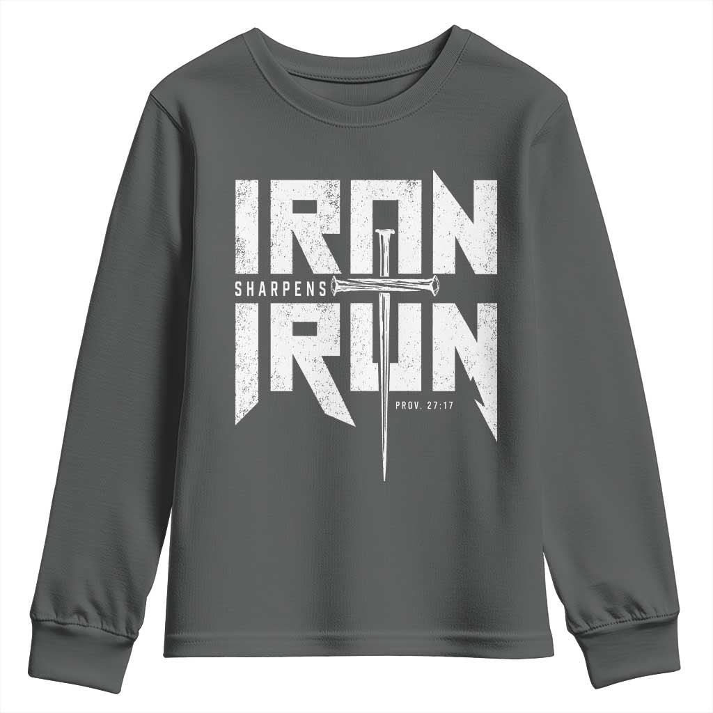 Iron Sharpens Iron Youth Sweatshirt Christian Bible Scripture Gym Workout TS11 Dark Heather Print Your Wear