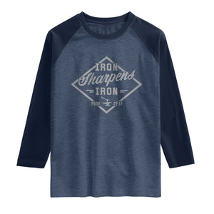 Iron Sharpens Iron Raglan Shirt Christian Faith Scripture Nail Jesus Cross TS11 Heather Denim Navy Print Your Wear