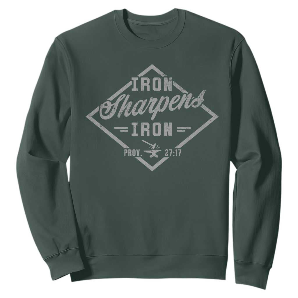 Iron Sharpens Iron Sweatshirt Christian Faith Scripture Nail Jesus Cross TS11 Dark Forest Green Print Your Wear