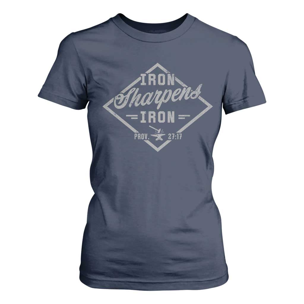 Iron Sharpens Iron T Shirt For Women Christian Faith Scripture Nail Jesus Cross TS11 Navy Print Your Wear
