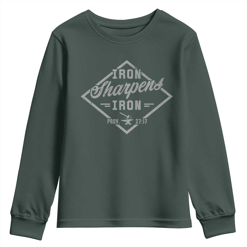 Iron Sharpens Iron Youth Sweatshirt Christian Faith Scripture Nail Jesus Cross TS11 Dark Forest Green Print Your Wear