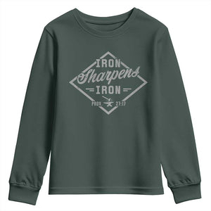 Iron Sharpens Iron Youth Sweatshirt Christian Faith Scripture Nail Jesus Cross TS11 Dark Forest Green Print Your Wear