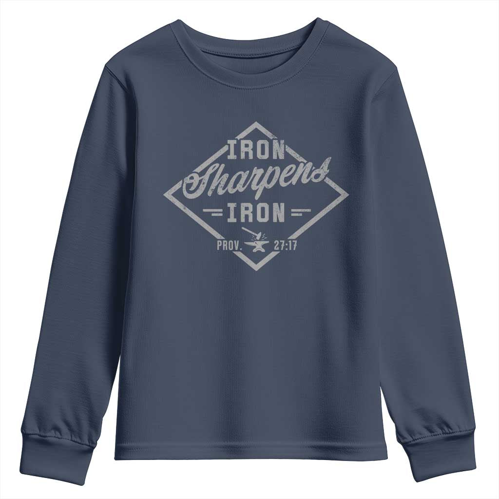 Iron Sharpens Iron Youth Sweatshirt Christian Faith Scripture Nail Jesus Cross TS11 Navy Print Your Wear