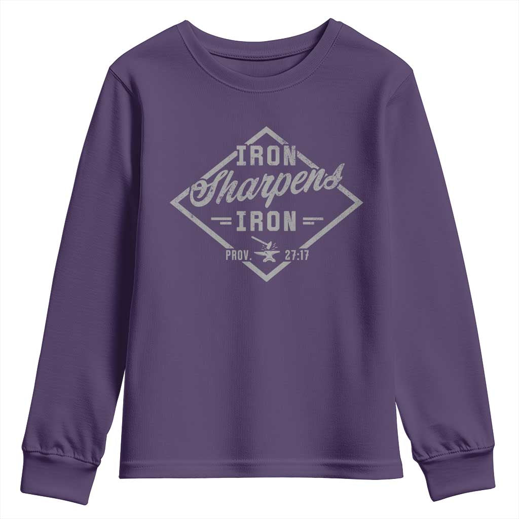 Iron Sharpens Iron Youth Sweatshirt Christian Faith Scripture Nail Jesus Cross TS11 Purple Print Your Wear