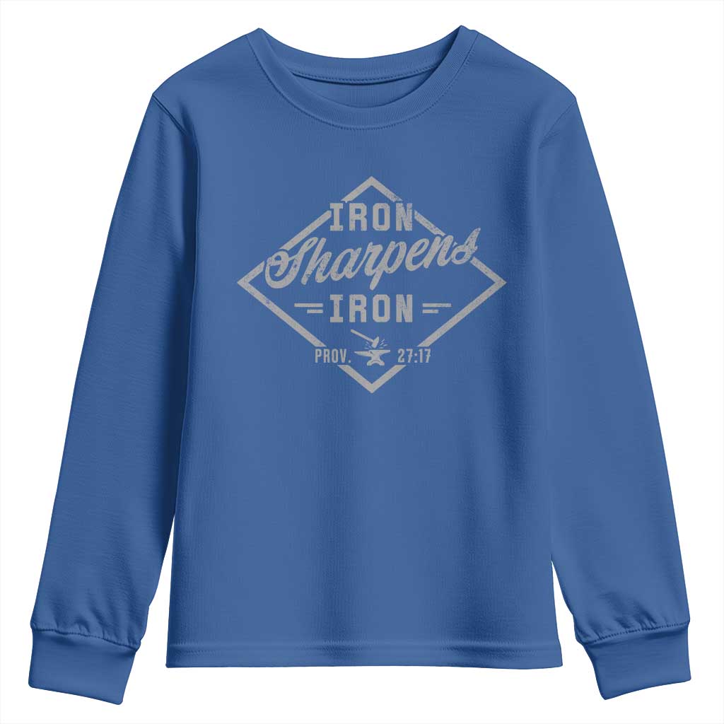 Iron Sharpens Iron Youth Sweatshirt Christian Faith Scripture Nail Jesus Cross TS11 Royal Blue Print Your Wear