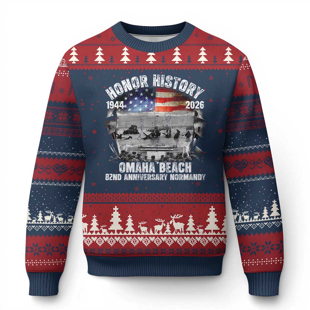 Omaha Beach D Day Ugly Christmas Sweater 82nd Anniversary Honor History Normandy WWII TS11 Navy Red Print Your Wear