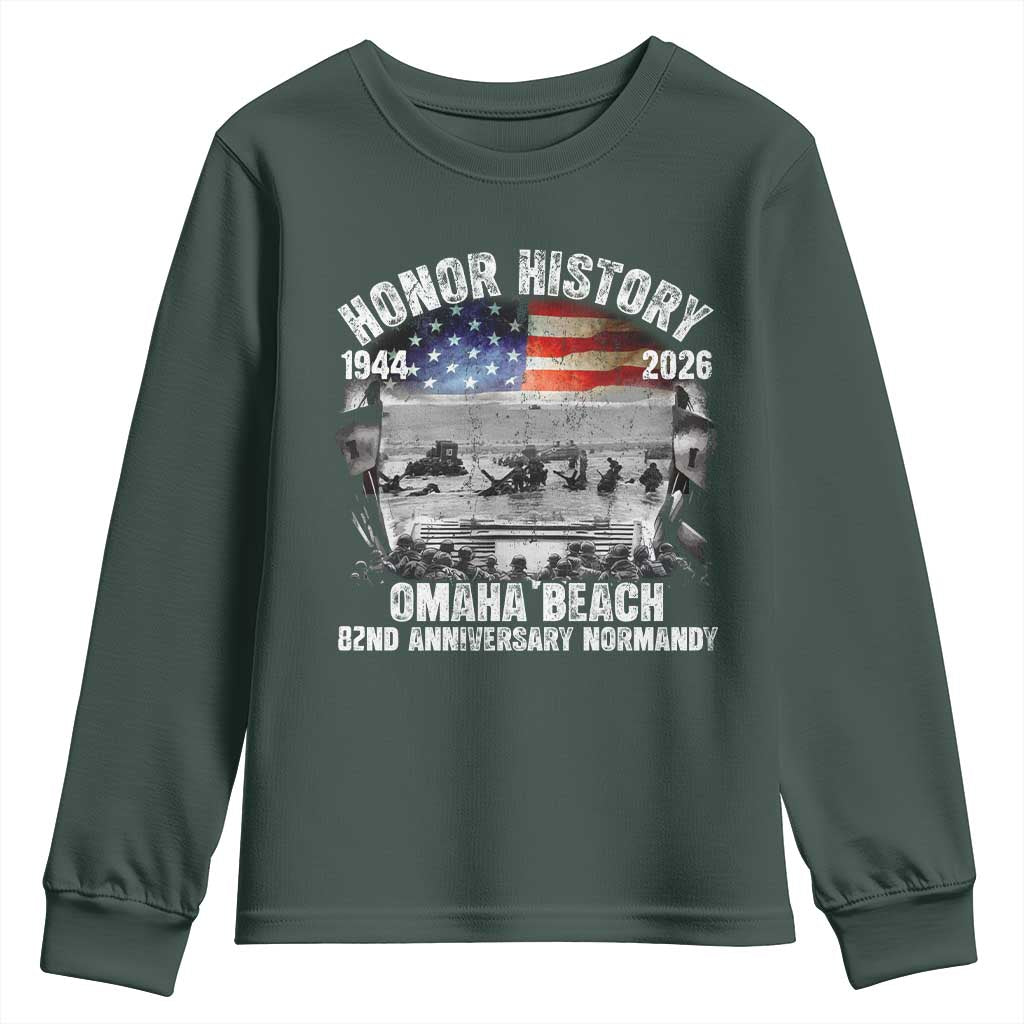 Omaha Beach D Day Youth Sweatshirt 82nd Anniversary Honor History Normandy WWII TS11 Dark Forest Green Print Your Wear