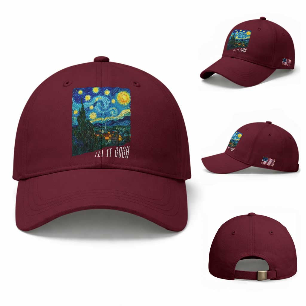 Let It Gogh Funny Vincent Van Gogh Baseball Cap Starry Night Design Art Lover TS11 Baseball Cap Universal Fit Maroon Print Your Wear