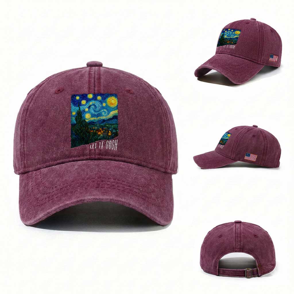 Let It Gogh Funny Vincent Van Gogh Washed Cotton Baseball Cap Starry Night Design Art Lover TS11 Washed Cap Universal Fit Burgundy Print Your Wear
